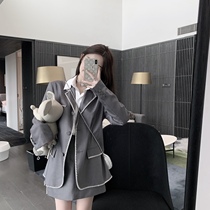 CHICYOU (girl love beans) casual fashion ins Net Red gray diamond side suit skirt trousers set