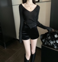 CHICYOU (Lux series quality pants type of giant good) black 100 lapped temperament thick solid velvet slim shorts