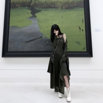 (50% off clearance)Seaweed green lotus root silk Dark little fairy bow tie thin dress coat set