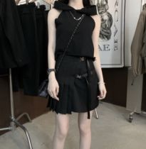 CHICYOU (function wind girl) black half pleated silver function buckle versatile fashionable skirt skirt skirt