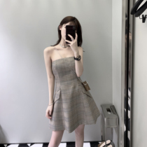  CHICYOU British Xiaoming Yuan Khaki plaid fashionable slim waist thin bandeau breast wrap dress