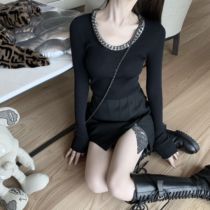 (5 fold clearance) fashionable chain King Joker slimming figure bottom round neck long sleeve knitted top