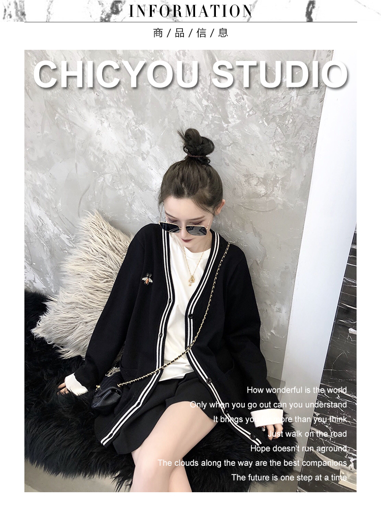 CHICYOU bee màu đen và trắng hai màu cao đẳng gió hoang dã len kết cấu tốt áo len đan áo khoác cardigan áo len nữ hàng hiệu