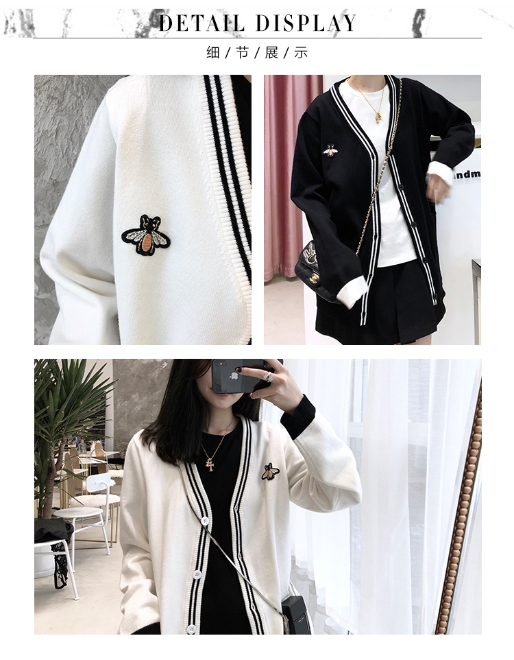 CHICYOU bee màu đen và trắng hai màu cao đẳng gió hoang dã len kết cấu tốt áo len đan áo khoác cardigan áo len nữ hàng hiệu