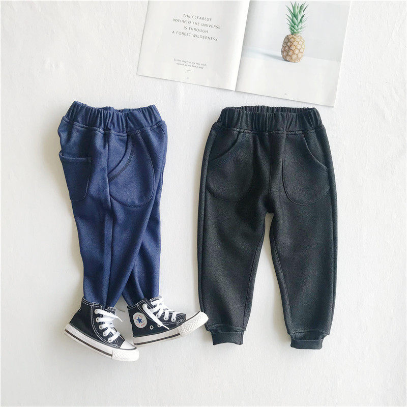 2021 winter boys and girls plus velvet imitation jeans children's thickened velvet pants harem pants beam pants integrated velvet tide