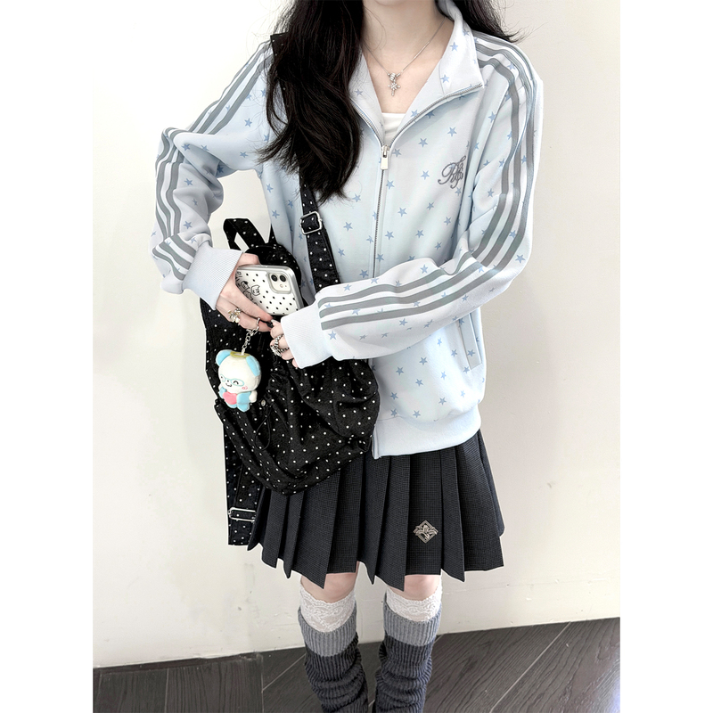 【Chiba Carsaeki】New Korean-Style Blue Star Gymnastics Jacket Sports Jacket Top for Autumn 【Chiba Carsaeki】New Korean-Style Blue Star Gymnastics Jacket Sports Jacket Top for Autumn