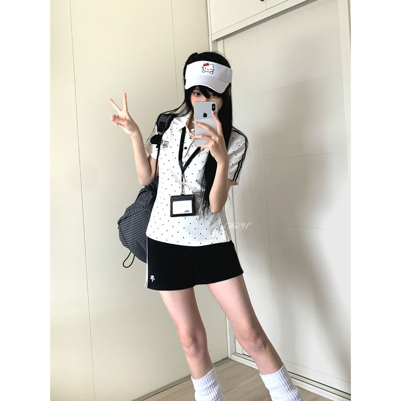 【Chiba Carsaeki】Black and White Polka Dot Gymnastics Top for Women, New Summer Product, Polo Collar, Preppy Style, Slimming Effect