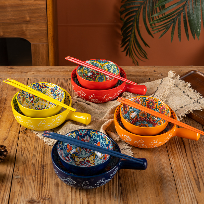 Bohemian Ceramic Handle Bowl, Household Rice Bowl with Handle, Instant Noodle Bowl, High-Value Breakfast Cup, Bowl, Chopsticks, and Spoon Set Bohemian Ceramic Handle Bowl, Household Rice Bowl with Handle, Instant Noodle Bowl, High-Value Breakfast Cup, Bowl, Chopsticks, and Spoon Set