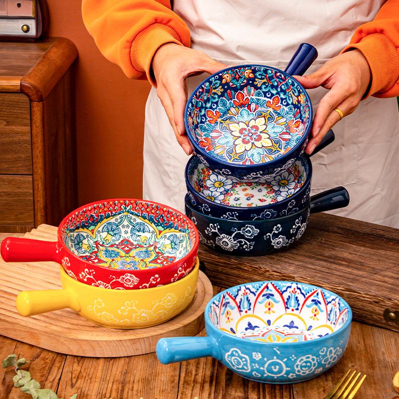 Bohemian Ceramic Bowl with Handle, Creative Fruit Salad Bowl for Home Use, Noodle Bowl with Handle, Oven-Safe Bowl, Anti-Scalding