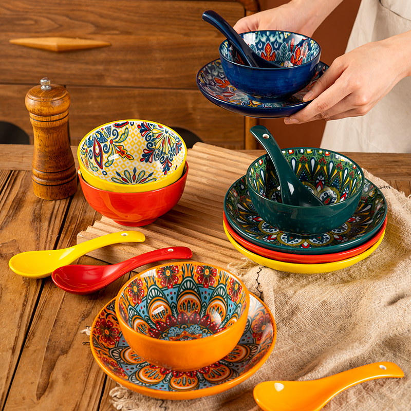 Bohemian Ceramic Tableware Three-Piece Set for One Person, Bowls, Plates, and Dishes Set for Restaurant, Hot Pot, Barbecue Shop, Commercial Use Bohemian Ceramic Tableware Three-Piece Set for One Person, Bowls, Plates, and Dishes Set for Restaurant, Hot Pot, Barbecue Shop, Commercial Use