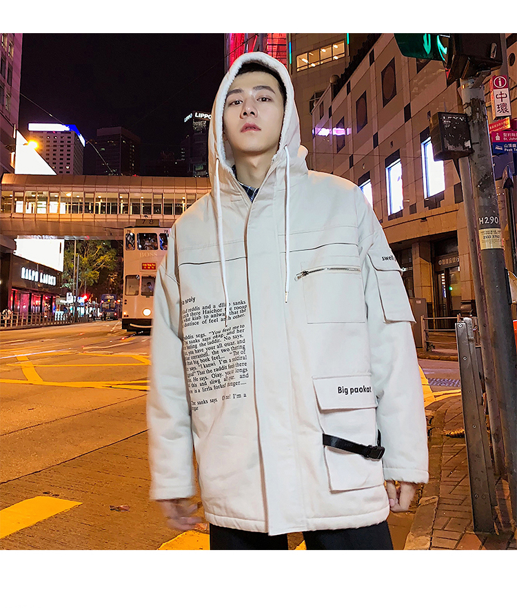 Mùa đông cổng gió xu hướng túi công cụ áo khoác nam Harajuku retro cừu cashmere dày áo trùm đầu bông ấm măng tô nam