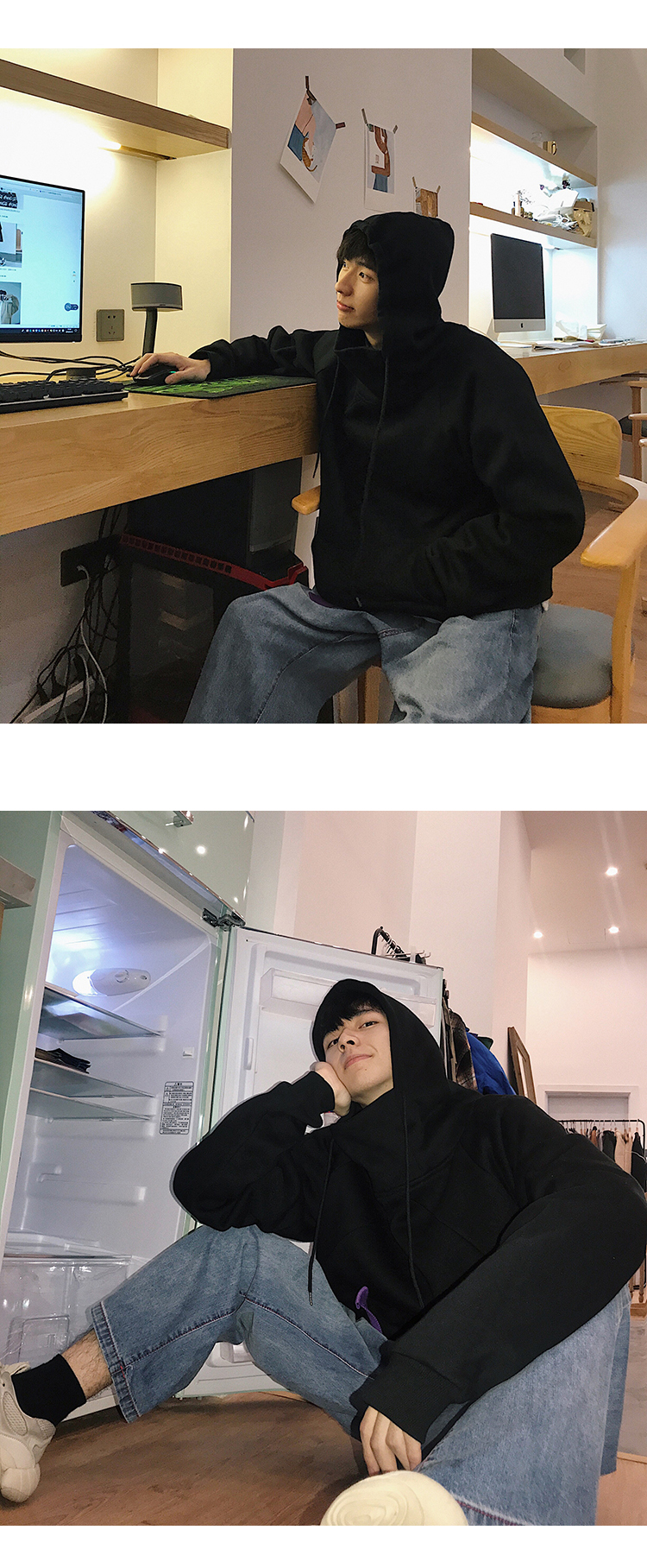 Mùa đông phong cách Hàn Quốc cơ bản màu rắn hoang dã cộng với áo len nhung dày trùm đầu hoodie màu be