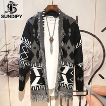 Spring and autumn mens loose sweater Korean cardigan trend personality ins National style tassel lapel knitwear jacket