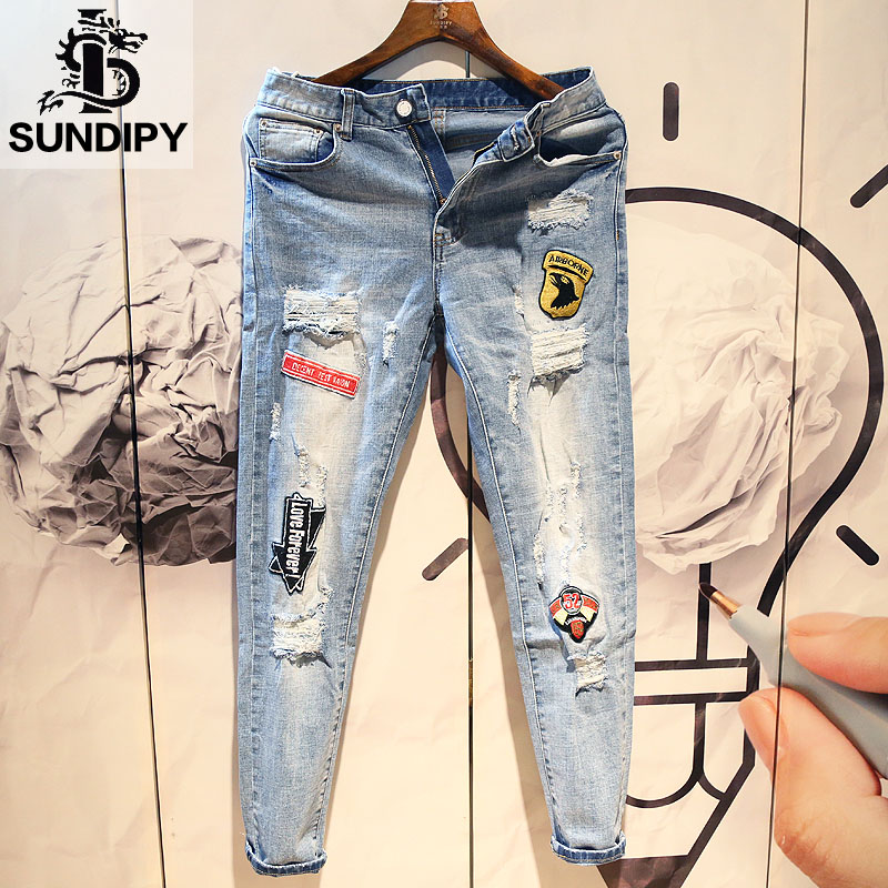 Spring Fall Men's Jeans Long Pants Han Prints trendy retro Embroidered Car Stickers Crack and Smoke Tubes Pants