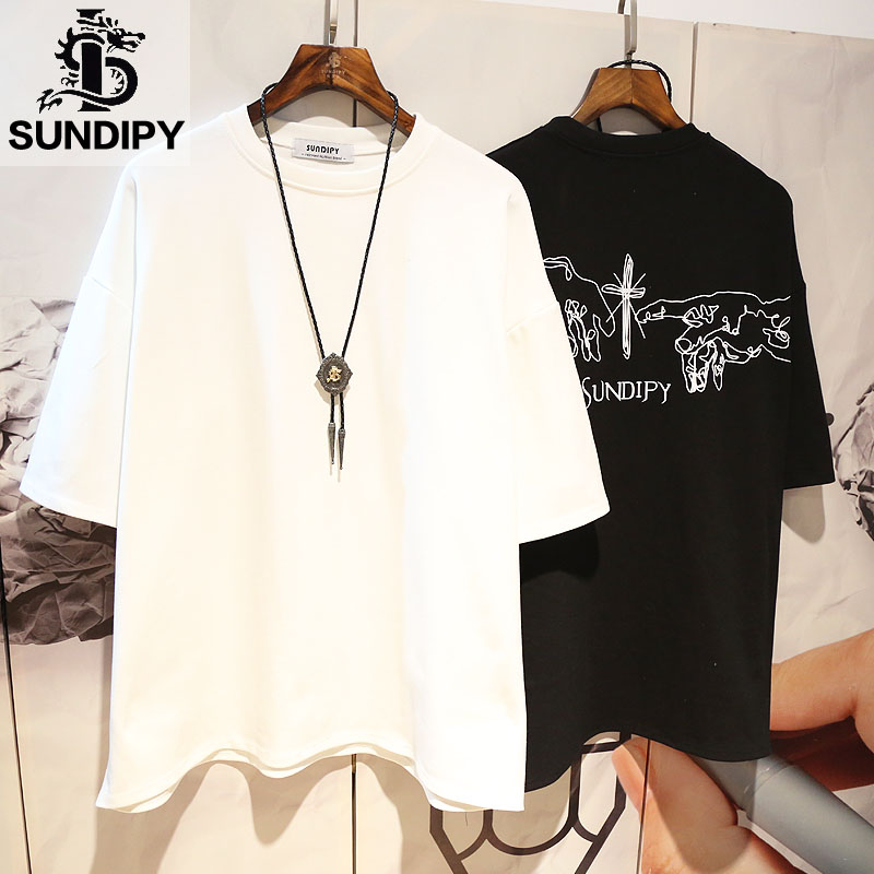 Summer Korean version loose short-sleeved T-shirt Medium and long version letter printing trend ins men's fashion port style street T-shirt