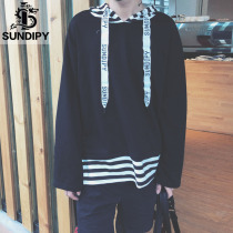 Autumn Korean pullover hooded fake two pieces of casual fashion sweater stitching striped handsome trend ins mens guard