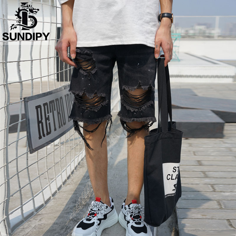 Summer men's beggar denim shorts Slim ins Korean version of the hole trend washed black gray five-point five-point pants