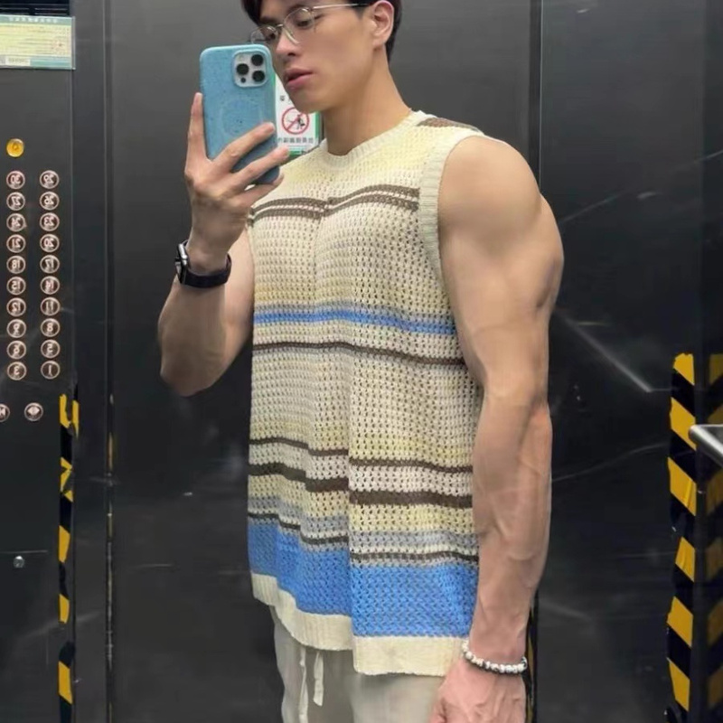 American-Style Hollow Striped Loose Vest Knitwear for Men and Women, Summer Harajuku Style Sleeveless Simple Round Neck Unisex Vest