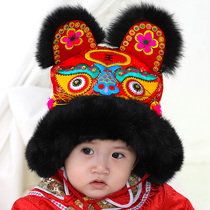 Collection gift tiger hat real rabbit hair handmade baby cotton hat for men and women children aged red baby tiger head hat