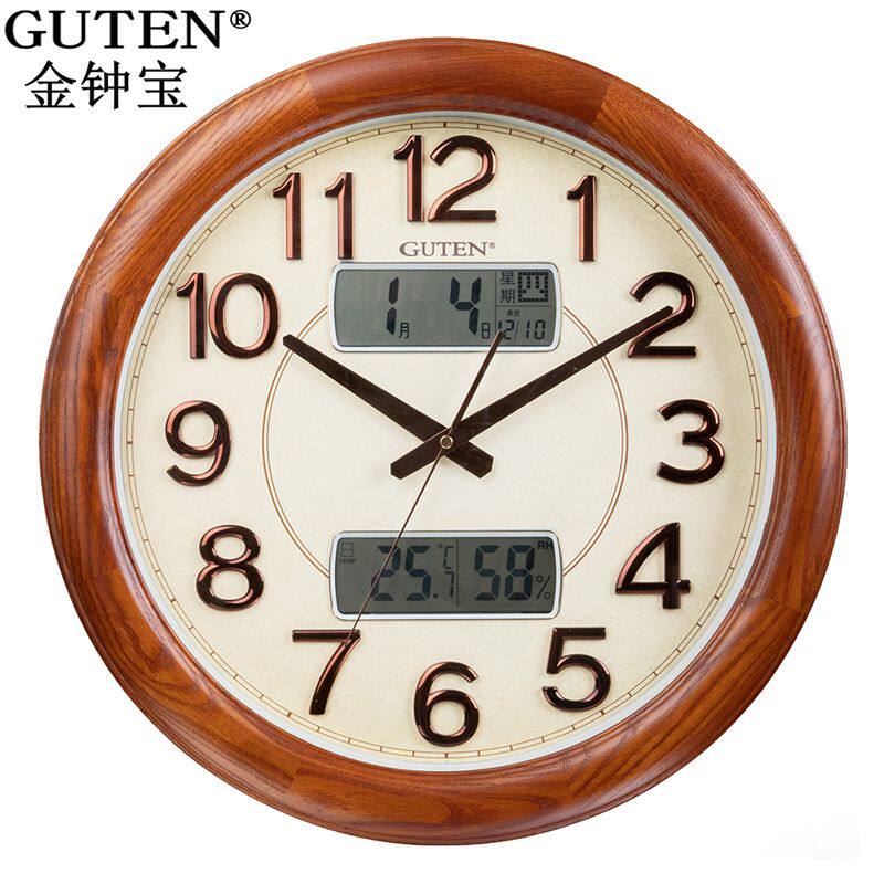 Jinzhongbao solid wood LCD living room wall clock Chinese European-style temperature and humidity meter calendar large wall watch mute quartz clock