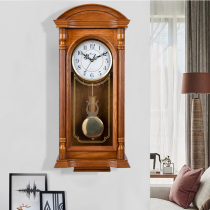 Red acorn wood living room wall clock European retro pendulum clock Household Western clock Chinese rectangular time quartz hanging watch