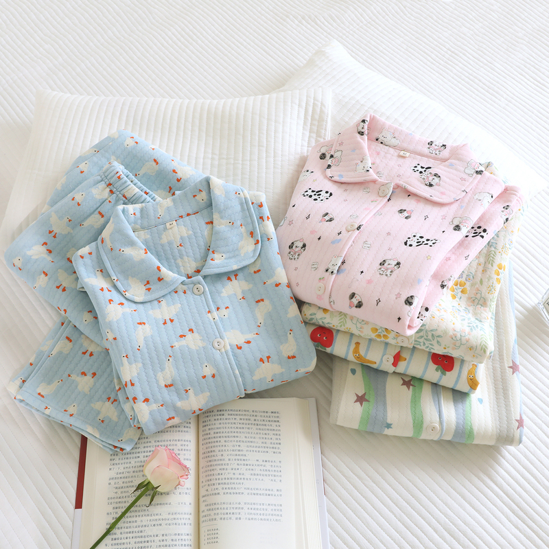 Autumn and Winter Pure Cotton Pajamas for Women, Quilted Home Wear, Cardigan, Air Layer, Three-Layer Space Cotton, Suitable for Heated Rooms 18-25 Degrees