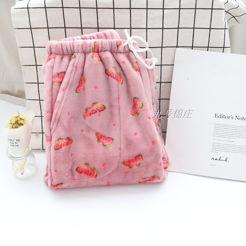 Mùa đông flannel pyjama phụ nữ san hô lông cừu nhà cặp vợ chồng kích thước lớn lỏng lẻo cộng với nhung dày chất béo quần nam hoạt hình dễ thương quần bò nữ