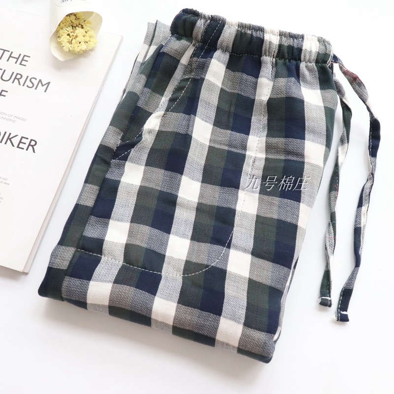Mùa xuân và mùa thu cotton đôi gạc pyjama quần nam quần mỏng phần cotton nhà quần kích thước lớn cộng với lưới giải trí chất béo quần âu nam