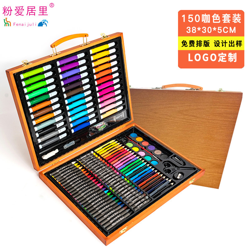 Girl Drawing Tool Wood Box Painting Gift Set Water Color Pen Fine Art Suit Drawing Matching Learning Custom Logo