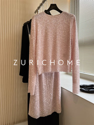 Summer peach, sakura pink, western style and whitening, long-sleeved sequined top + long pink sequined skirt