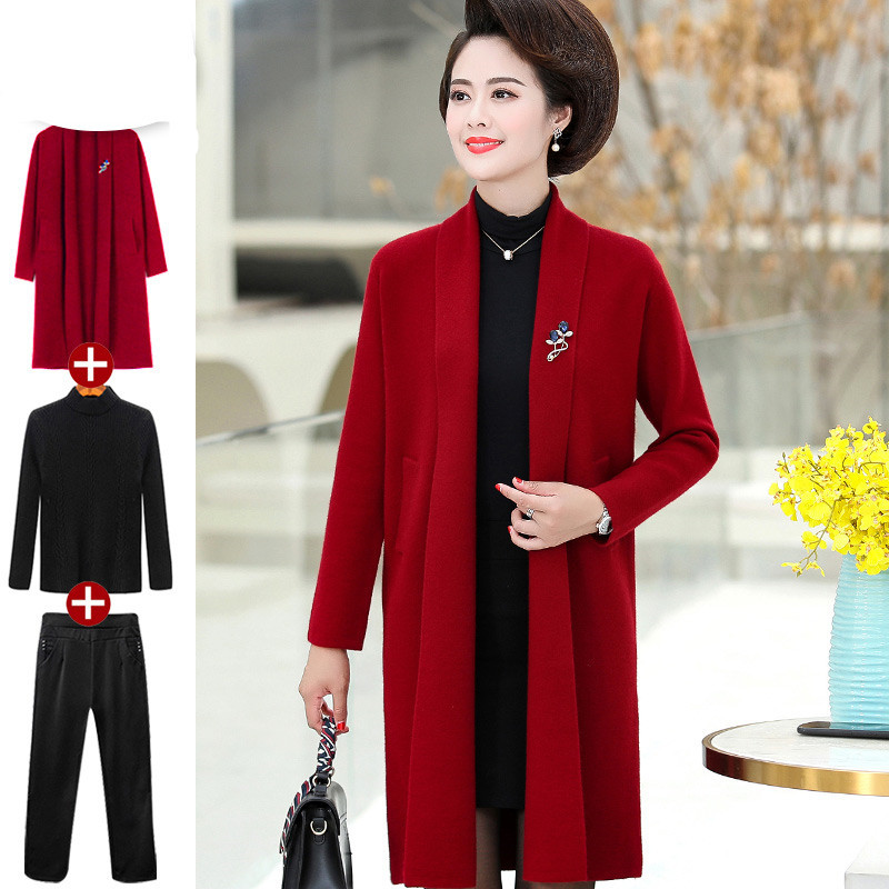 Red Spring and Autumn High-End Outerwear Suit for the Mother of the Bride, Wedding Banquet Dress for Middle-Aged and Elderly Women, Shawl, Mid-Length Style
