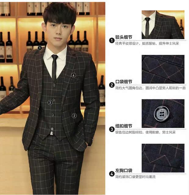Playboy kẻ sọc giản dị bộ đồ cưới ba mảnh chú rể váy cưới Slim Anh triều nhỏ phù hợp với nam quần áo nam 