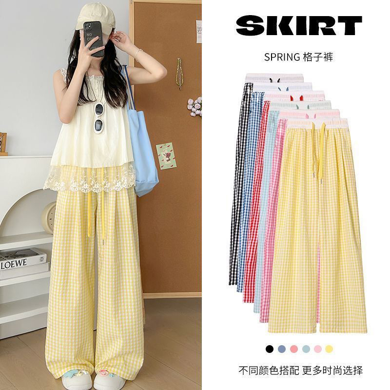 ins Wind Net Lazy Retro Elastic Plaid Color-Block Loose Wide-Leg Straight Home Floor-Length Casual Pants