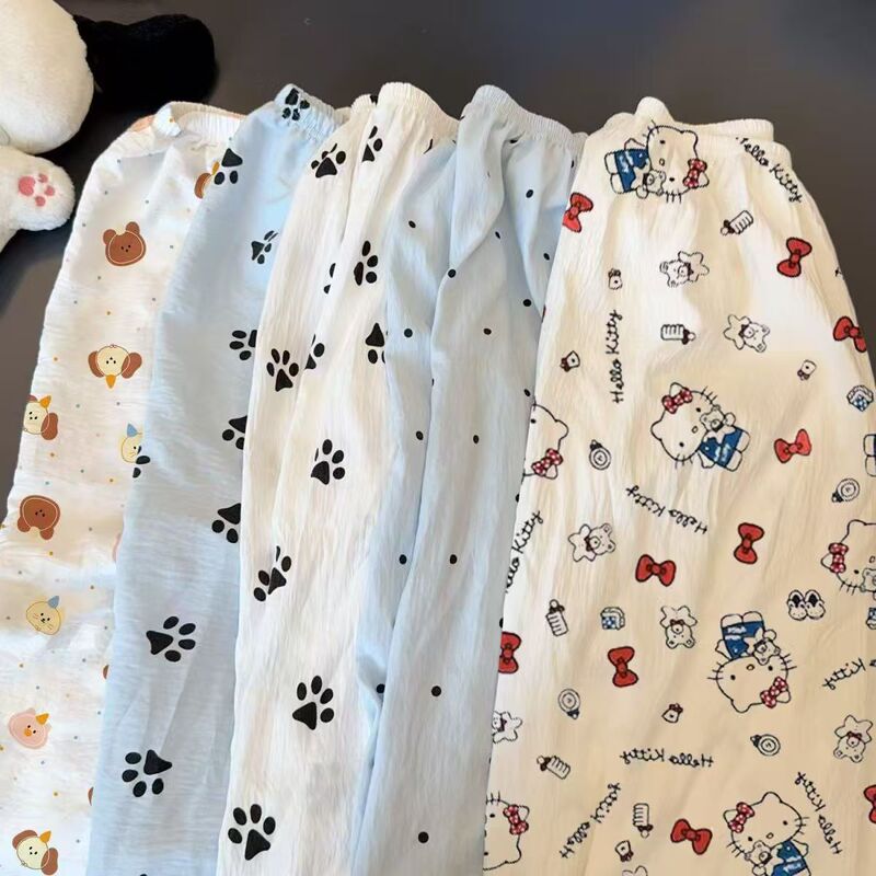 White Dog Paw Print Casual Pants for Women, Can Be Worn Outside, Cloud Cotton, New Summer Style, Lazy Style, Spring Walking Wide-Leg Long Pants