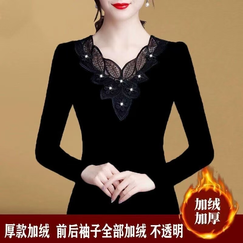Thin/Plush 2025 New Warm Black Mesh Base Shirt V-Neck Plus Size Long Sleeve T-Shirt Top for Women