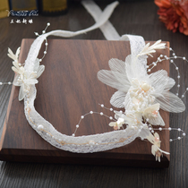 2020 new super fairy Korean sweet bride white silk yarn headdress handmade beaded hairband wedding yarn accessories