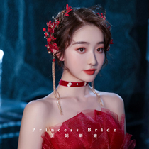 Princess bride new magenta headdress Pair clip tassel side clip Hair accessories Evening dress Dinner toast dress accessories