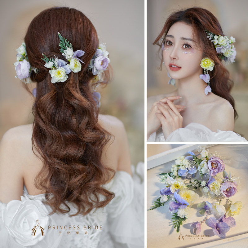 Princess bride super fairy garland dry flower flower purple romantic fairy head flower earrings photo holiday headdress