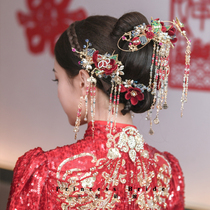 Chinese vintage red color flower meritocratic rear area Long stream Subrides wedding show and head decorated with ancient dress accessories