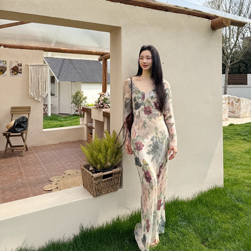 Mist Flower·Long Sleeve Version丨100% Mulberry Silk Inside and Out丨45 ° Bias-Cut Crepe Printed Dress 6796