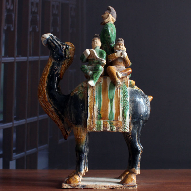 Antique superb make old five people hump ceramic camel Chinese style ancient play collection retro Tang three color black 35cm high
