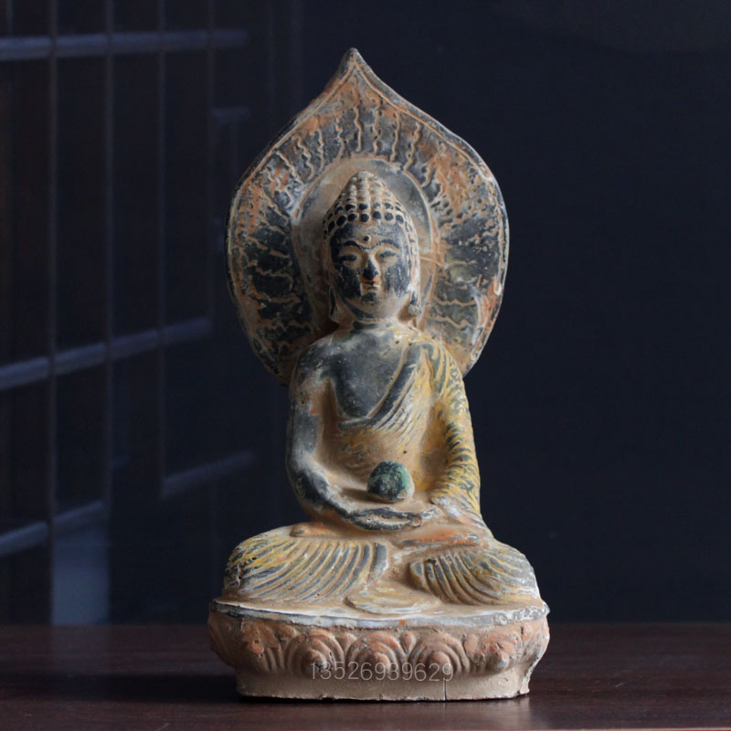 Antique Buddha Statue Ornament Pottery Painting Color Painting Hand-painted Decoration Temple Ceramic Buddha Statue Home Consecration Collection