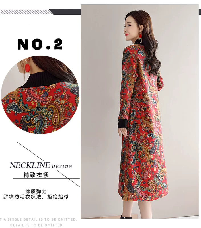 Phong cách dân tộc in retro kích thước lớn lỏng lẻo váy dài nữ mùa thu đông cộng với nhung dày đáy váy cotton áo dài dáng đầm