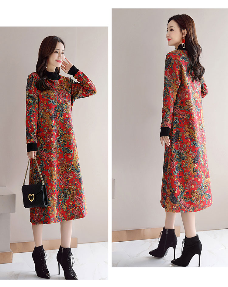 Phong cách dân tộc in retro kích thước lớn lỏng lẻo váy dài nữ mùa thu đông cộng với nhung dày đáy váy cotton đầm len tay dài