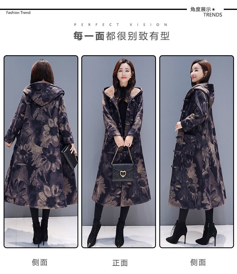 Mùa đông phong cách mới cộng với áo khoác len nhung dày nữ retro phong cách quốc gia kích thước lớn in khóa giữa áo bông dài áo phao nữ