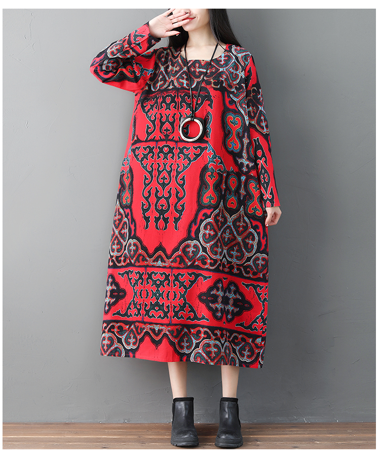 Phong cách dân tộc cotton và linen dress nữ 2018 mùa thu mới văn học retro in ấn lỏng mỏng linen dài váy thủy triều váy lụa