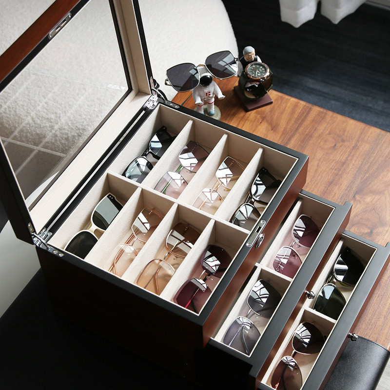24-Compartment Wooden High-End Sunglasses Storage Box, Large Capacity Sunglasses Organizer for Men and Women with a Premium Feel