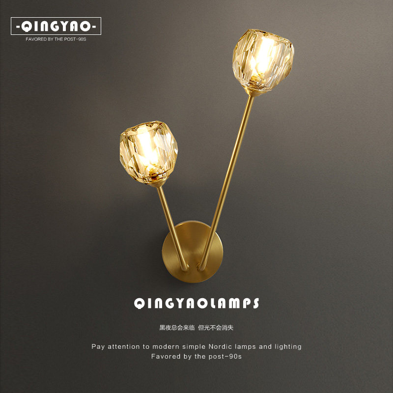 Wall lamp designer creative all-copper living room corridor crystal lamp after modern light luxury Nordic minimal bedroom bed headlight