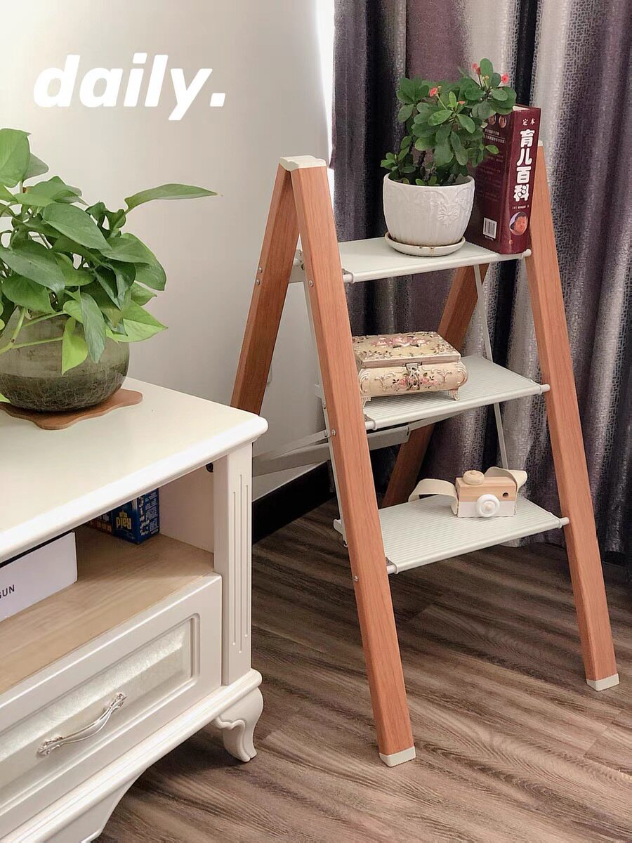 Imitation solid wood small ladder home folding herringbone ladder multi-functional thickened aluminum alloy flower stand step stool three-step shelf