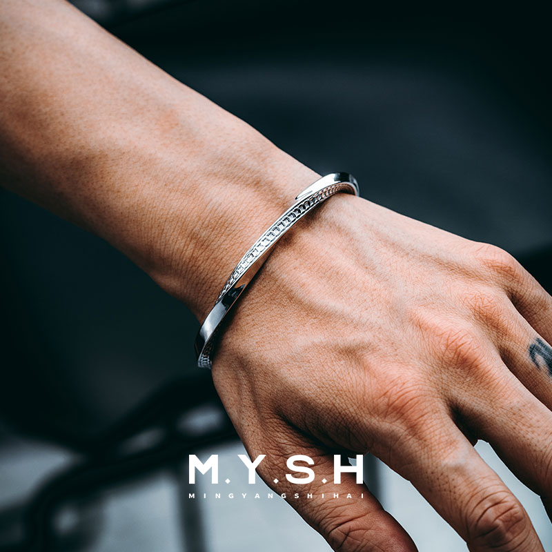 Mysh Pure Silver Möbius Strip Open Bracelet for Men, Copper Coin Pattern Design, Niche, Simple, Bold, Trendy Accessory